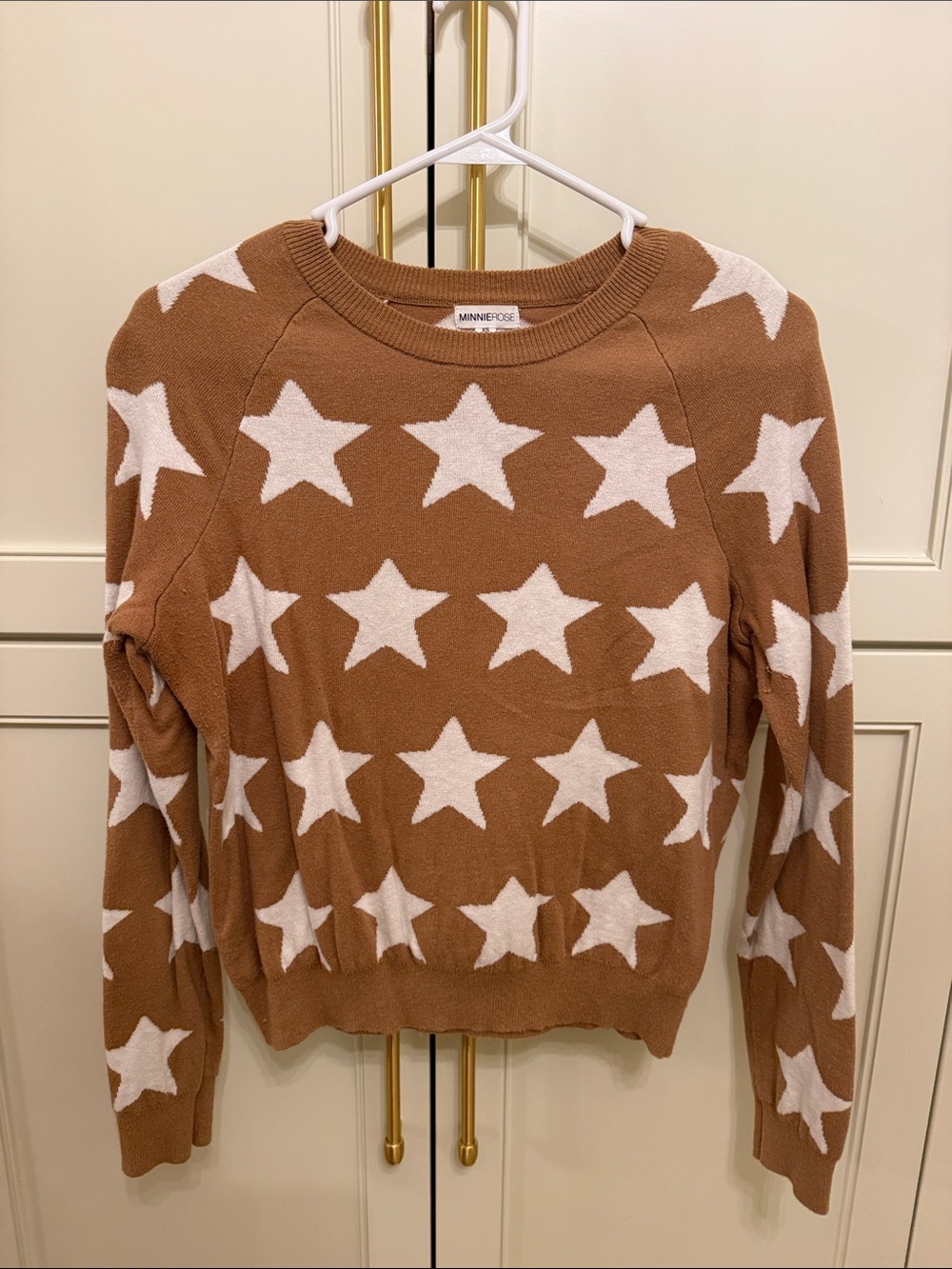 Minnie Rose Tan Star Crewneck Sweater with White Stars